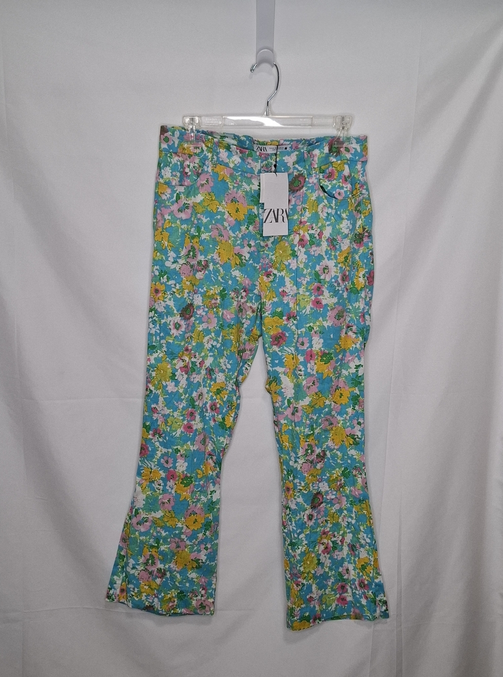 Zara Vibrant Floral Linen Blend Mini Flare Pants Size 8 NWT